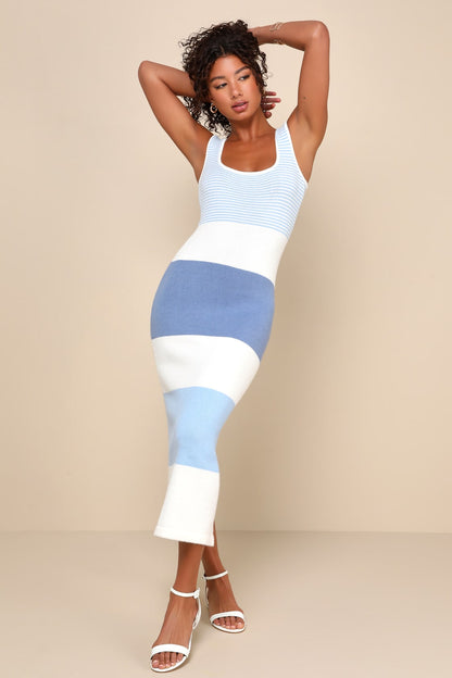 Blue Striped Midi Sweater Dress